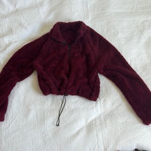 Cropped fuzzy quarter zip with draw string bottom
